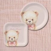 Our Little Bear on the Way Pink Bow Baby Shower Pappteller