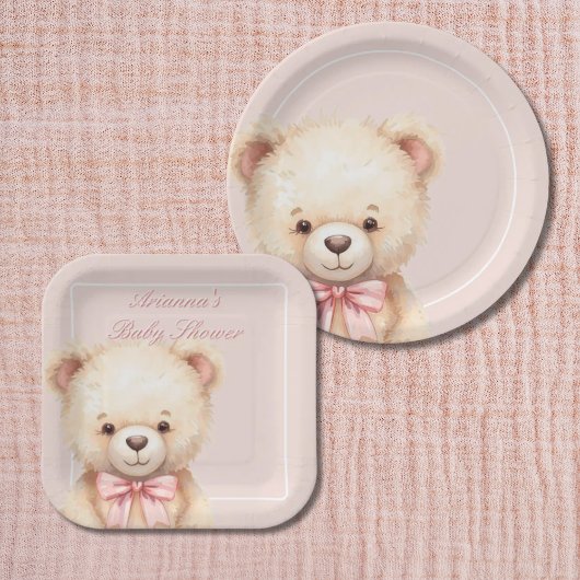 Our Little Bear on the Way Pink Bow Baby Shower Pappteller