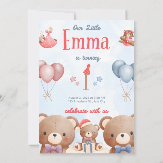 Our Little Emma Birthday Invitation – Pastel Teddy Einladung (Vorderseite)