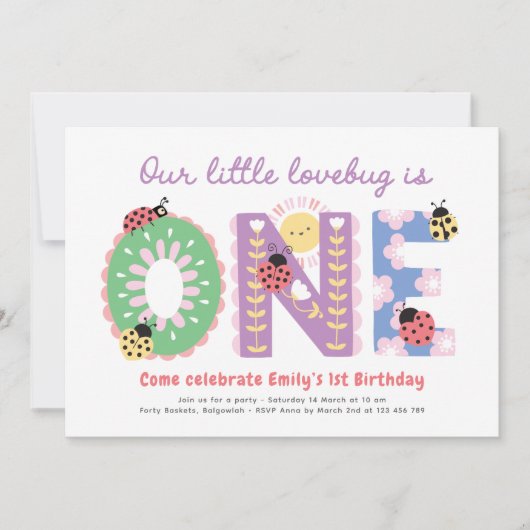 Our Little Lovebug, Flowers First Birthday Party Einladung (Vorderseite)