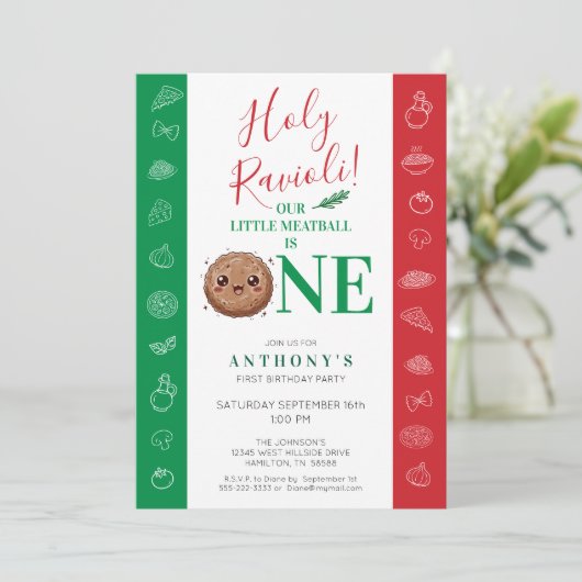 Our Little Meatball is One Birthday Party Einladung (Stehend Vorderseite)