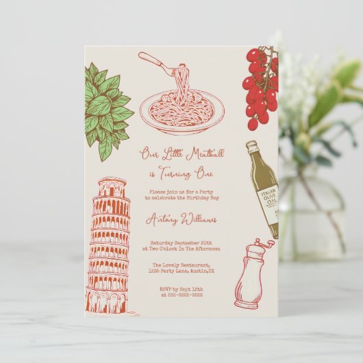 Our little meatball is turning one 1st Birthday Einladung (Stehend Vorderseite)