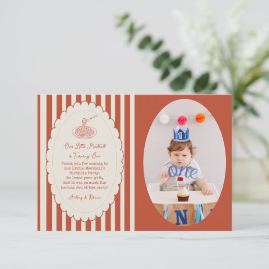 Our little meatball is turning one Birthday Photo Dankeskarte (Stehend Vorderseite)