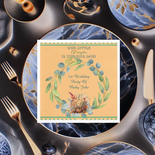 Our Little Pumpkin 1st Birthday Fall Wreath Orange Serviette