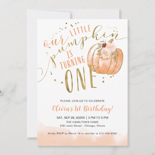 Our Little Pumpkin Is Turning One 1st Birthday Einladung (Vorderseite)