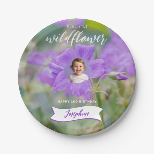 Our Little Wildflower Custom Kid's Photo Birthday Pappteller (Vorderseite)
