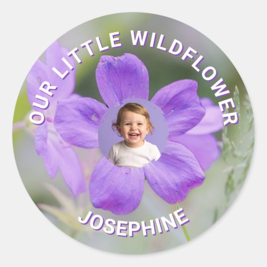 Our Little Wildflower Purple Floral Custom Photo Runder Aufkleber (Vorderseite)