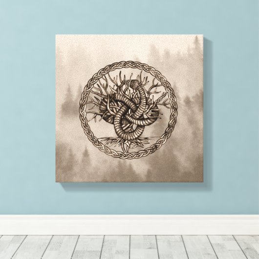 Ouroboros Celtic Knot with Tree of Life Sepia Leinwanddruck (Insitu (Holzboden))