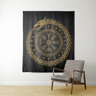 Ouroboros & Vegvisir - Norse Compass Rune Circle D Wandteppich