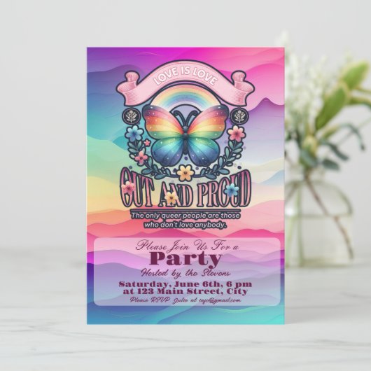 Out and Proud Gay Pride Party Einladung (Stehend Vorderseite)