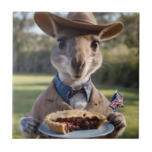 "Outdoor Delight: Ein Känguru isst Aussie Meat Pie Fliese (Vorderseite)
