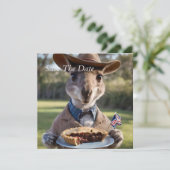 "Outdoor Delight: Ein Känguru isst Aussie Meat Pie Save The Date (Stehend Vorderseite)
