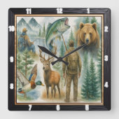 Outdoor Wildlife Hunter Fisherman Quadratische Wanduhr (Vorderseite)