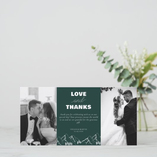 Outdoorgebirge Pine Tree Smaragdes Wedding Foto Dankeskarte (Stehend Vorderseite)