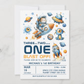 Outer Space Astronaut Cat Blast Off 1st Birthday Einladung (Vorderseite)