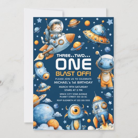 Outer Space Astronaut Cat Blast Off 1st Birthday Einladung (Vorderseite)