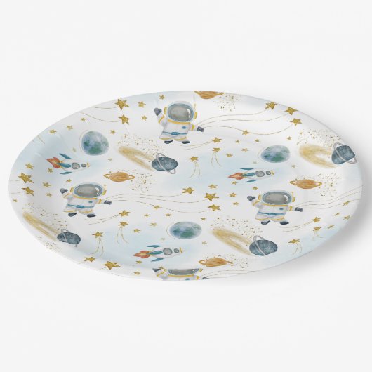 Outer Space Astronaut Stars Pattern Pappteller (Schrägansicht)