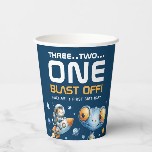 Outer Space Blast Off Cute Alien  1st Birthday  Pappbecher (Rückseite)