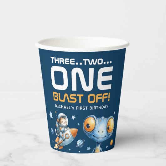Outer Space Blast Off Cute Alien 1st Birthday Pappbecher (Vorderseite)