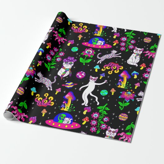 outer space disco cat alien ufo leopard surreal geschenkpapier (Ungerollt)