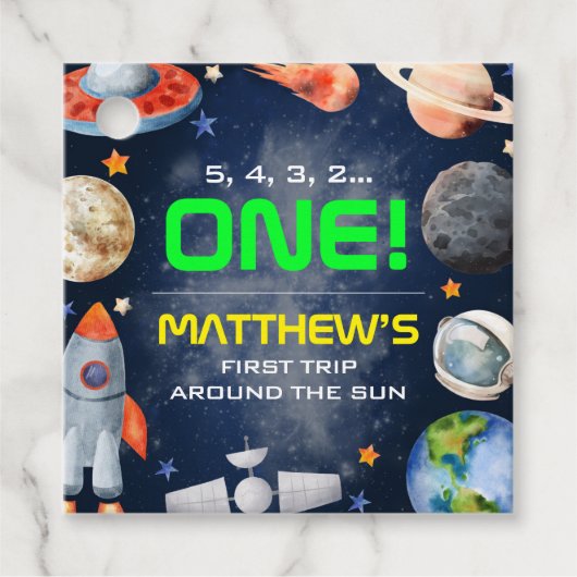 Outer Space First Birthday Geschenkanhänger (Vorderseite)