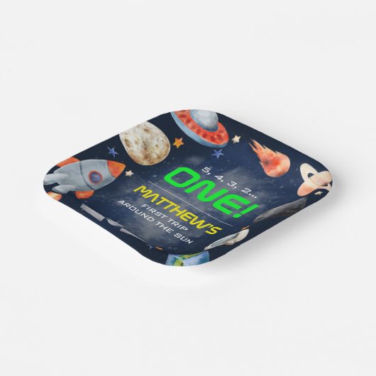 Outer Space First Birthday Pappteller (Gewinkelt)