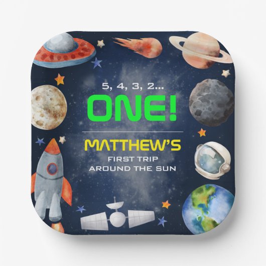 Outer Space First Birthday Pappteller (Vorderseite)
