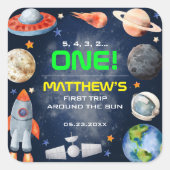 Outer Space First Birthday Quadratischer Aufkleber (Vorderseite)
