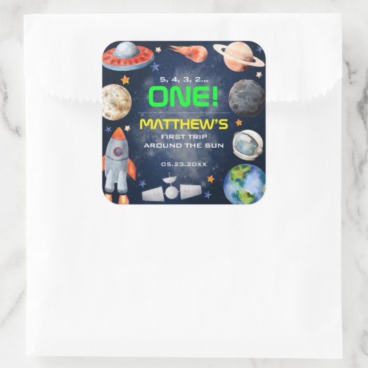Outer Space First Birthday Quadratischer Aufkleber (Tasche)