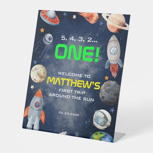Outer Space First Birthday Welcome Sockelschild (Vorderseite)