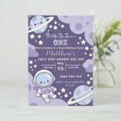 outer space First Trip 1st birthday boy Einladung (Stehend Vorderseite)