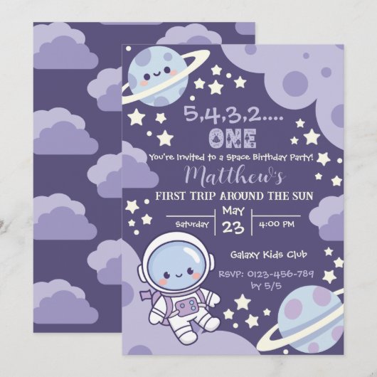 outer space First Trip 1st birthday boy Einladung (Vorne/Hinten)