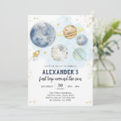 Outer Space First Trip Around the Sun 1st Birthday Einladung (Stehend Vorderseite)