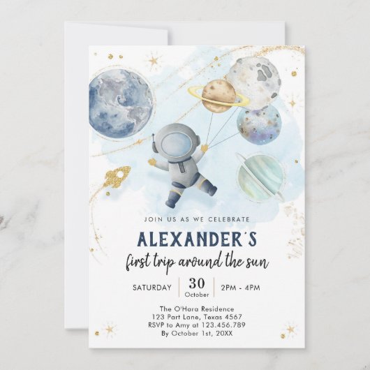 Outer Space First Trip Around the Sun 1st Birthday Einladung (Vorderseite)