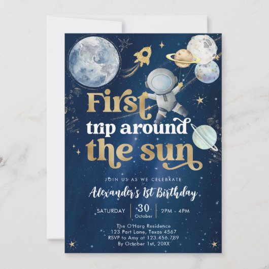 Outer Space First Trip Around the Sun 1st Birthday Einladung (Vorderseite)