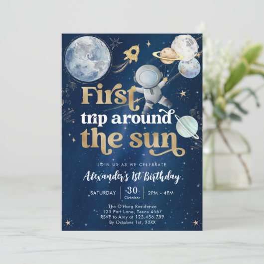Outer Space First Trip Around the Sun 1st Birthday Einladung (Stehend Vorderseite)