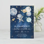 Outer Space First Trip Around the Sun 1st Birthday Einladung (Stehend Vorderseite)