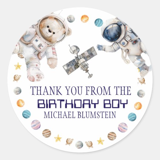 Outer Space Geburtstagsparty Danke Runder Aufkleber (Vorderseite)