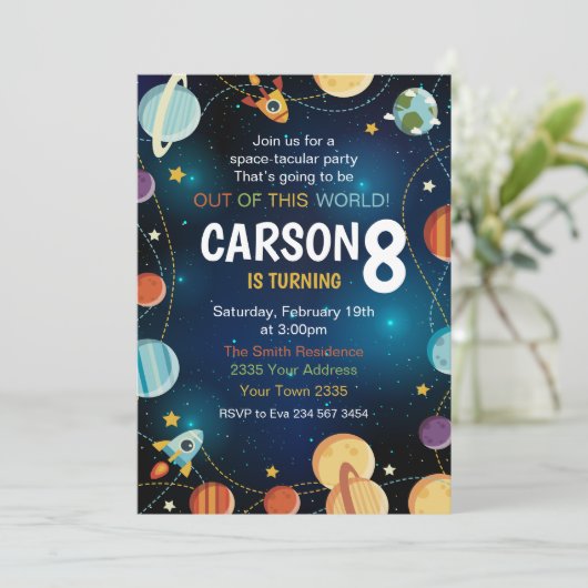 Outer Space Planet Birthday Einladung (Stehend Vorderseite)