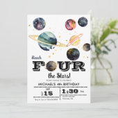 Outer Space | Planeten und Sterne | 4. Geburtstag Einladung (Stehend Vorderseite)