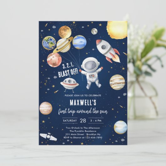 Outer Space Planets Astronaut Boy Birthday Einladung (Stehend Vorderseite)