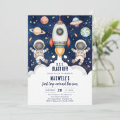 Outer Space Planets Astronaut Boy Birthday Einladung (Stehend Vorderseite)