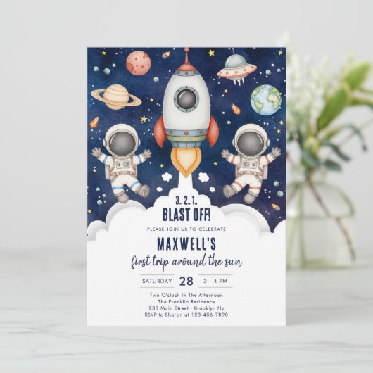 Outer Space Planets Astronaut Boy Birthday Einladung (Stehend Vorderseite)