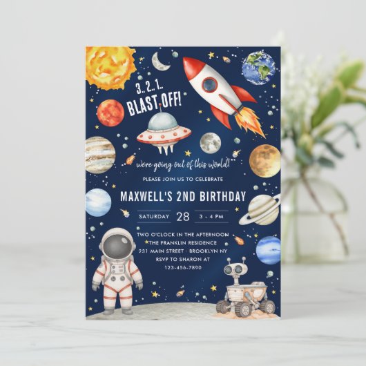 Outer Space Planets Astronaut Boy Birthday Einladung (Stehend Vorderseite)