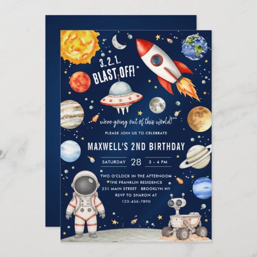 Outer Space Planets Astronaut Boy Birthday Einladung (Vorne/Hinten)