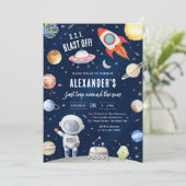 Outer Space Planets Astronaut Boy Birthday Einladung (Stehend Vorderseite)