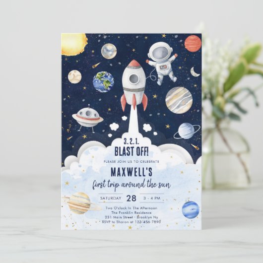 Outer Space Planets Astronaut Boy Birthday Einladung (Stehend Vorderseite)
