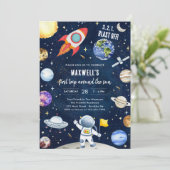 Outer Space Planets Astronaut Boy Birthday Einladung (Stehend Vorderseite)