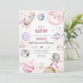 Outer Space Planets Astronaut Girl Birthday Einladung (Stehend Vorderseite)