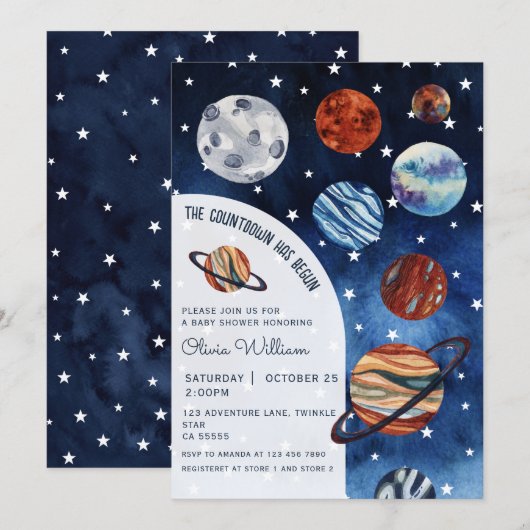 Outer Space Planets Navy Blue Boy Baby Shower  Einladung (Vorne/Hinten)